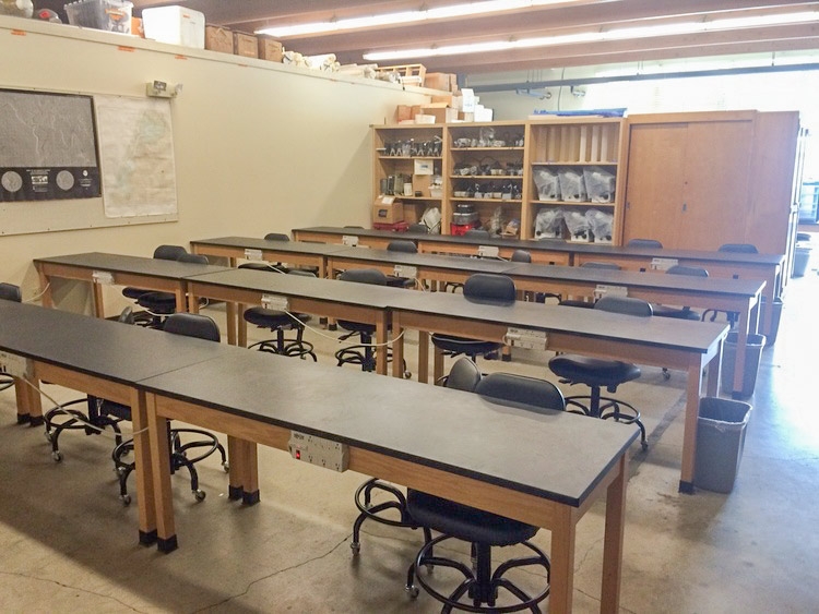 empty classroom with full width tables