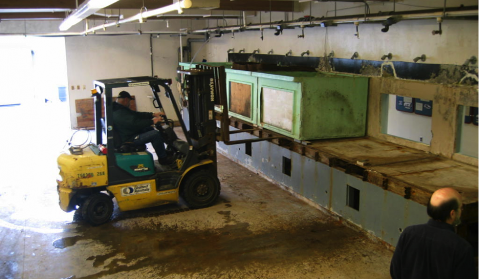 Removing the public display tanks with a fork lift